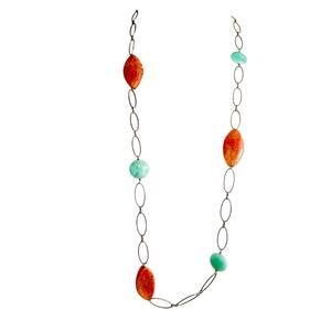 Vintage Large Link Orange and Light Blue Stones Station Necklace